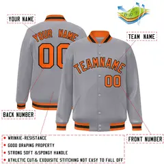 Gray Orange-Black Full-Snap Varsity Letterman Jacket 2