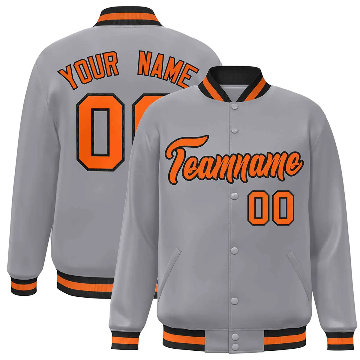 Gray Orange-Black Full-Snap Varsity Letterman Jacket