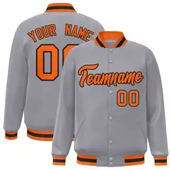 Gray Orange-Black Full-Snap Varsity Letterman Jacket 1