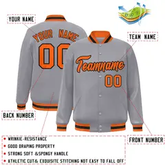 Gray Orange-Black Full-Snap Varsity Letterman Jacket 2