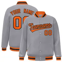 Gray Orange-Black Full-Snap Varsity Letterman Jacket 1
