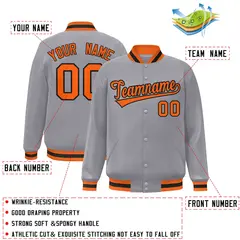 Gray Orange-Black Full-Snap Varsity Letterman Jacket 2