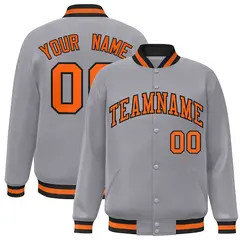 Gray Orange-Black Full-Snap Varsity Letterman Jacket 1