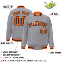 Gray Orange-Black Full-Snap Varsity Letterman Jacket 2