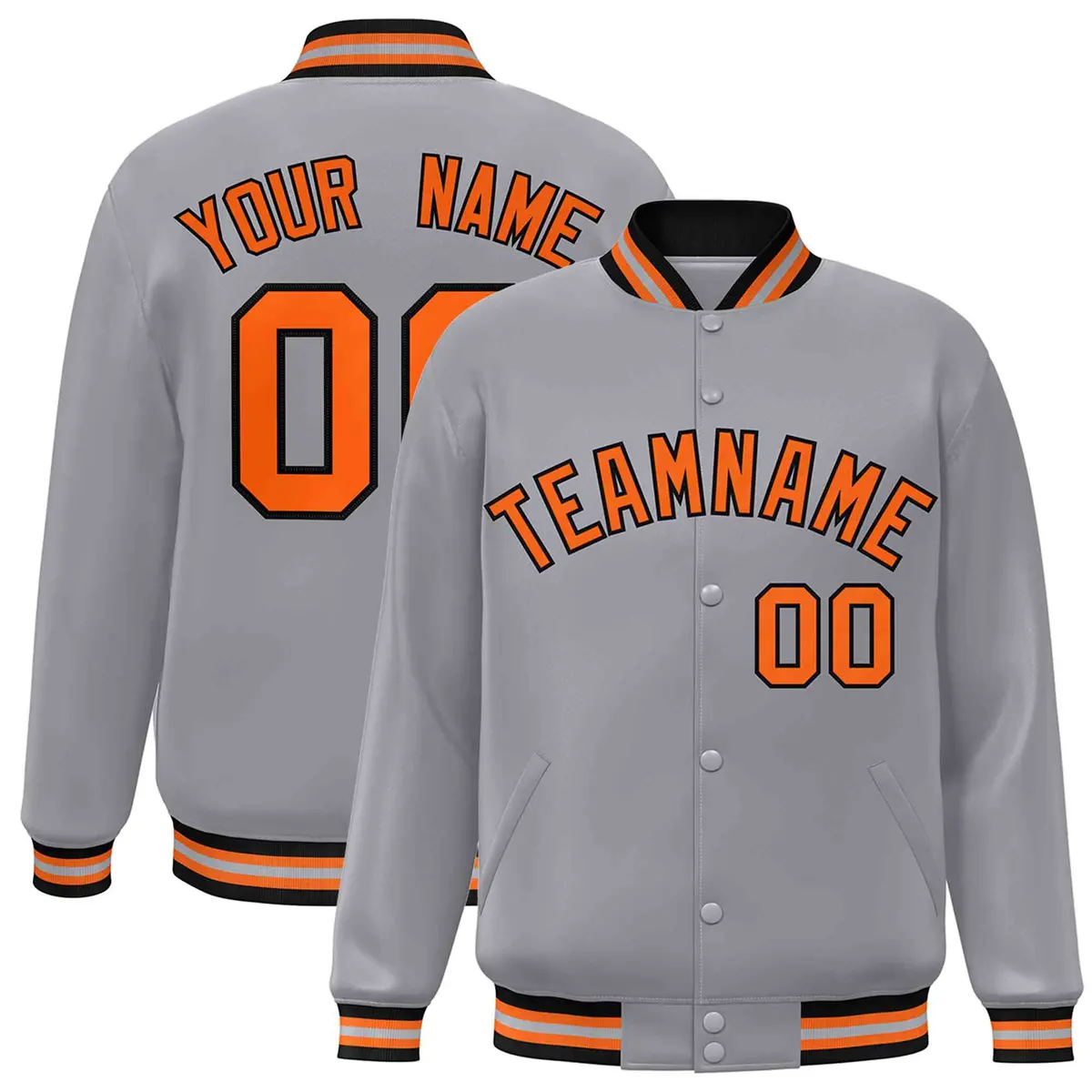 Gray Orange-Black Full-Snap Varsity Letterman Jacket