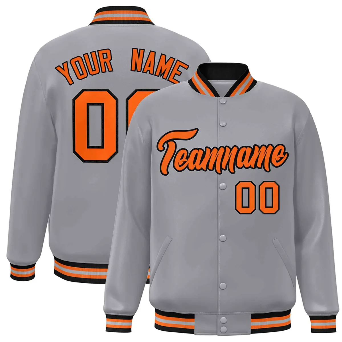 Gray Orange-Black Full-Snap Varsity Letterman Jacket