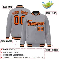 Gray Orange-Black Full-Snap Varsity Letterman Jacket 2