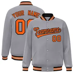 Gray Orange-Black Full-Snap Varsity Letterman Jacket 1