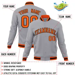 Gray Orange-Black Full-Snap Varsity Letterman Jacket 4