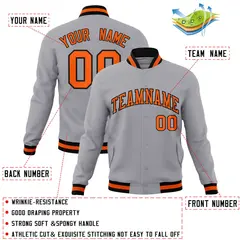 Gray Orange-Black Full-Snap Varsity Letterman Jacket 4