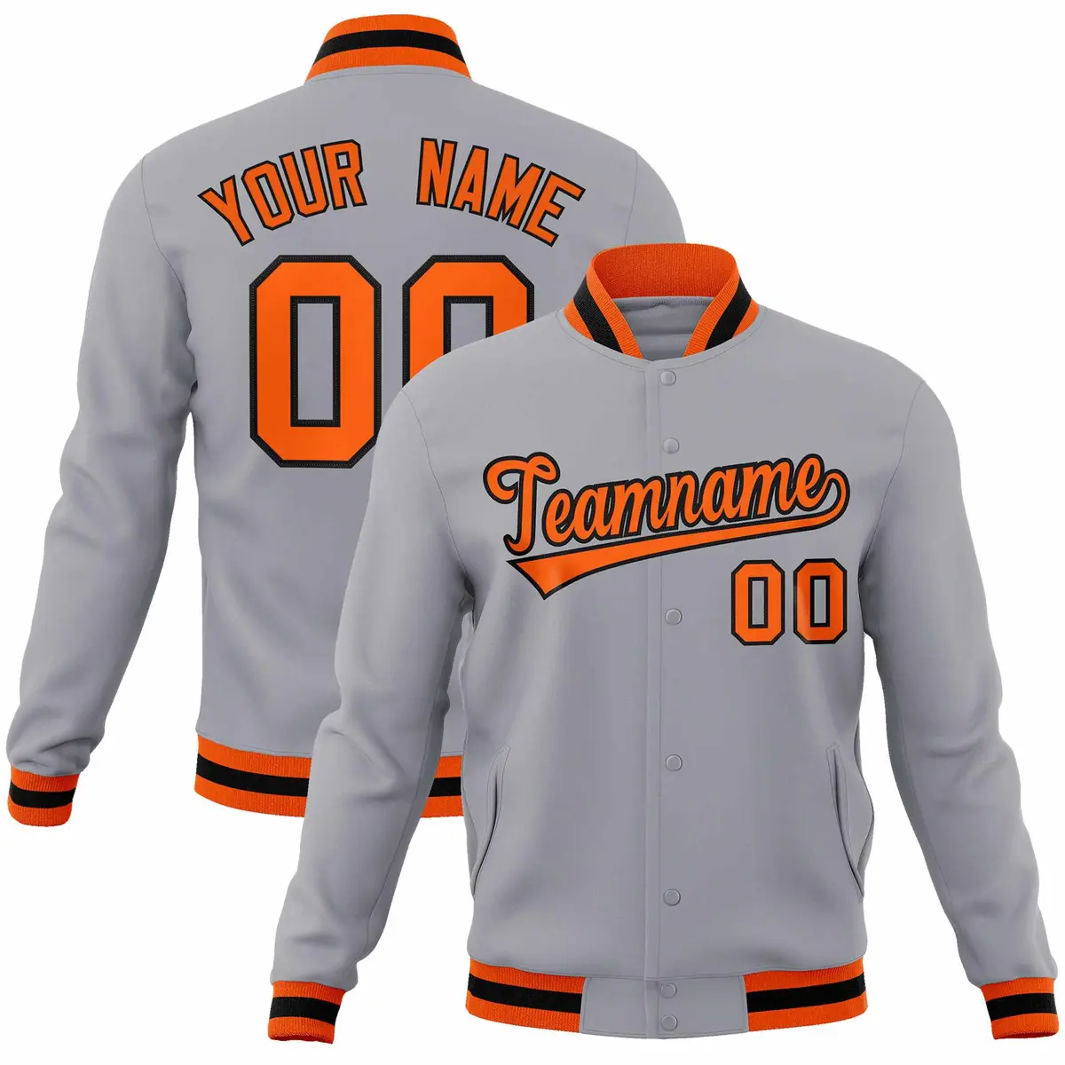 Gray Orange-Black Full-Snap Varsity Letterman Jacket