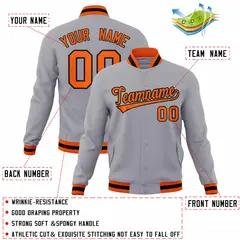 Gray Orange-Black Full-Snap Varsity Letterman Jacket 4
