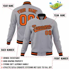 Gray Orange-Black Full-Snap Varsity Letterman Jacket 4
