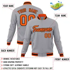Gray Orange-Black Full-Snap Varsity Letterman Jacket 4