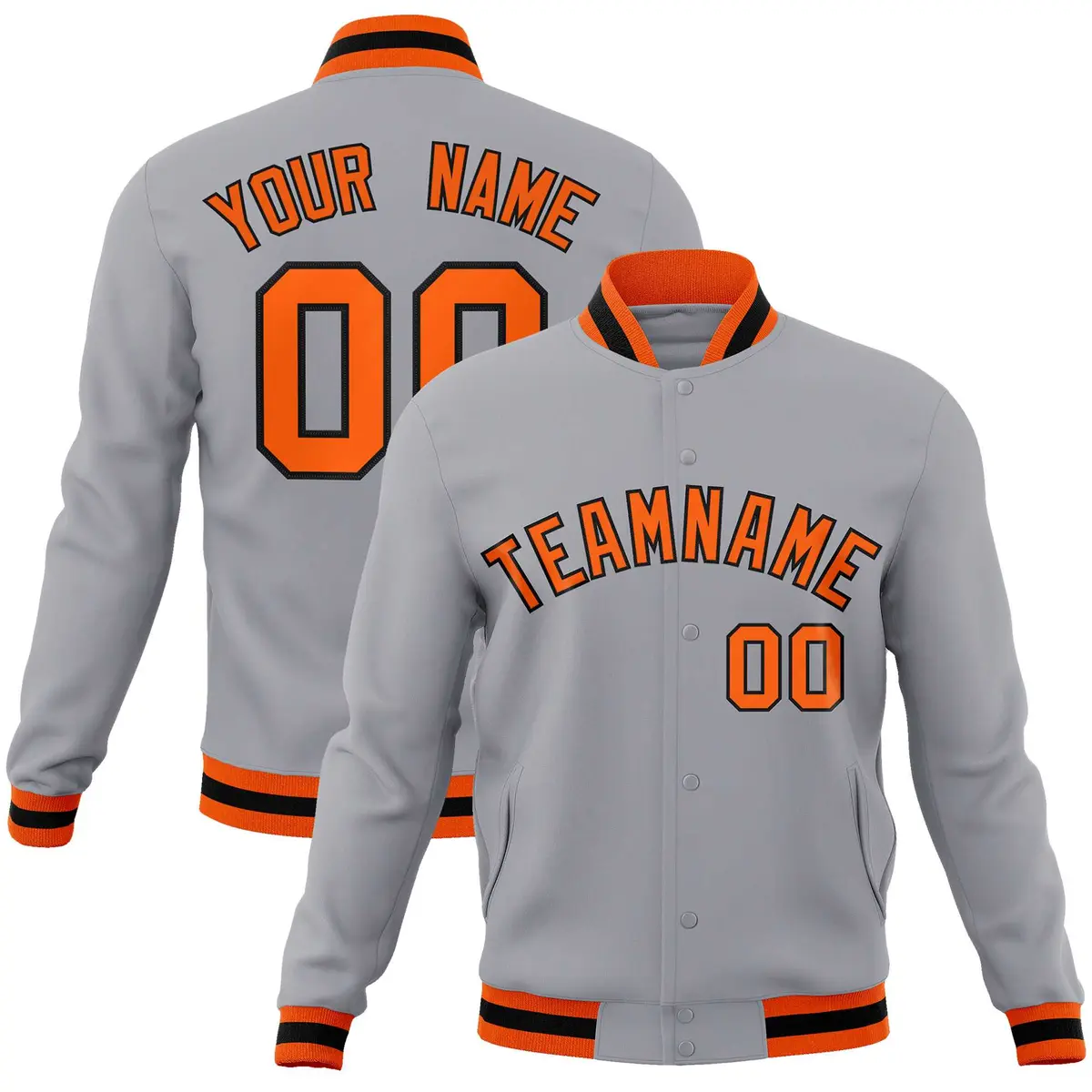 Gray Orange-Black Full-Snap Varsity Letterman Jacket