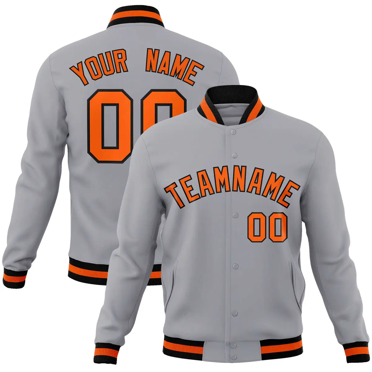 Gray Orange-Black Full-Snap Varsity Letterman Jacket