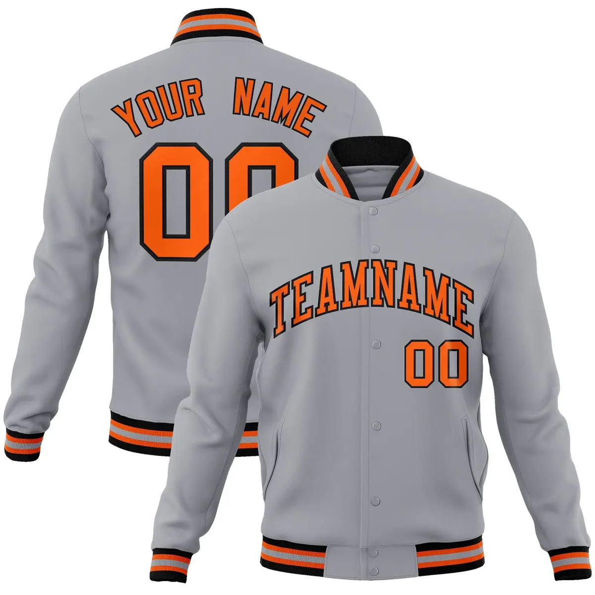 Gray Orange-Black Full-Snap Varsity Letterman Jacket