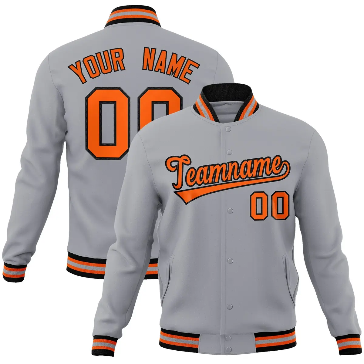 Gray Orange-Black Full-Snap Varsity Letterman Jacket
