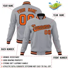 Gray Orange-Black Full-Snap Varsity Letterman Jacket 4