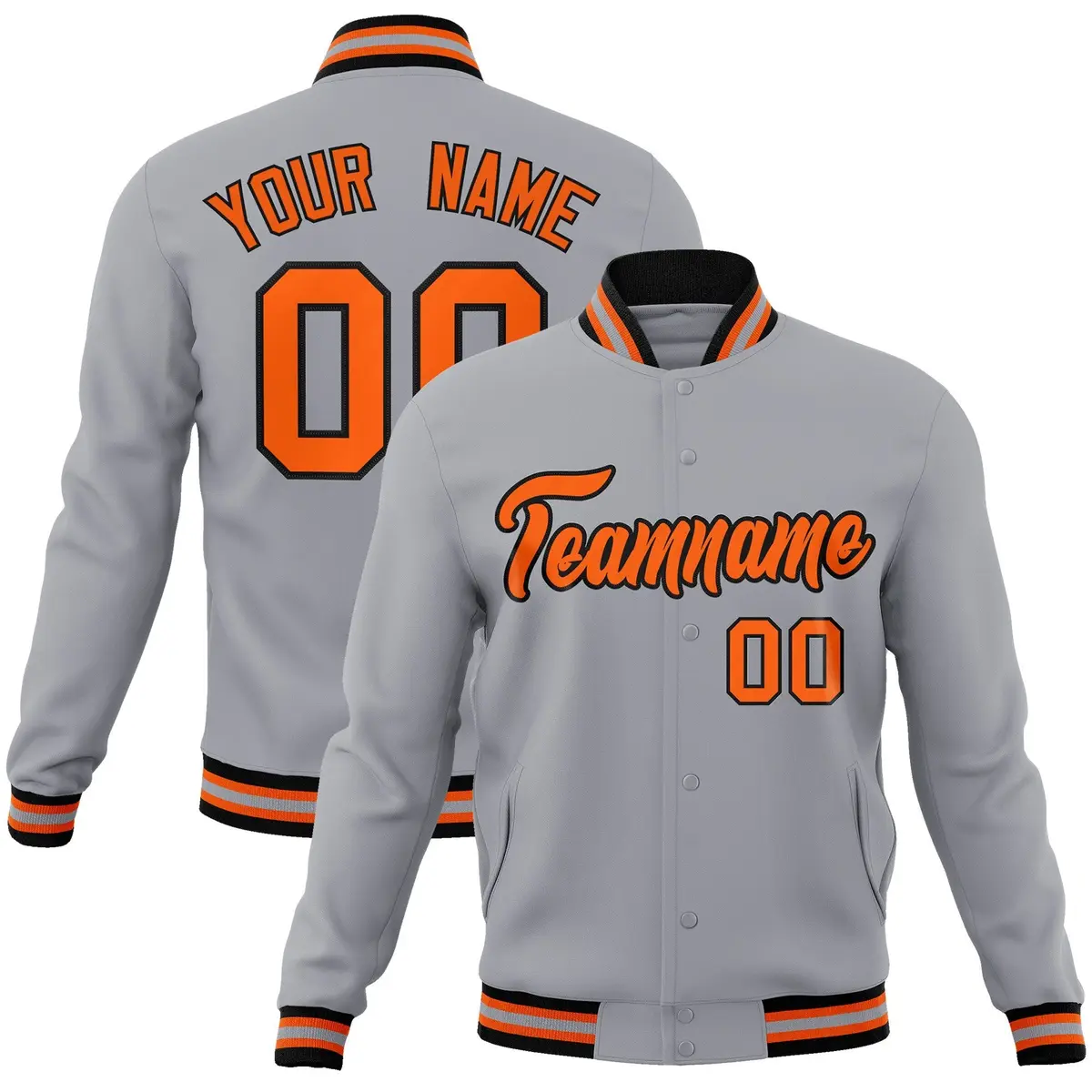 Gray Orange-Black Full-Snap Varsity Letterman Jacket