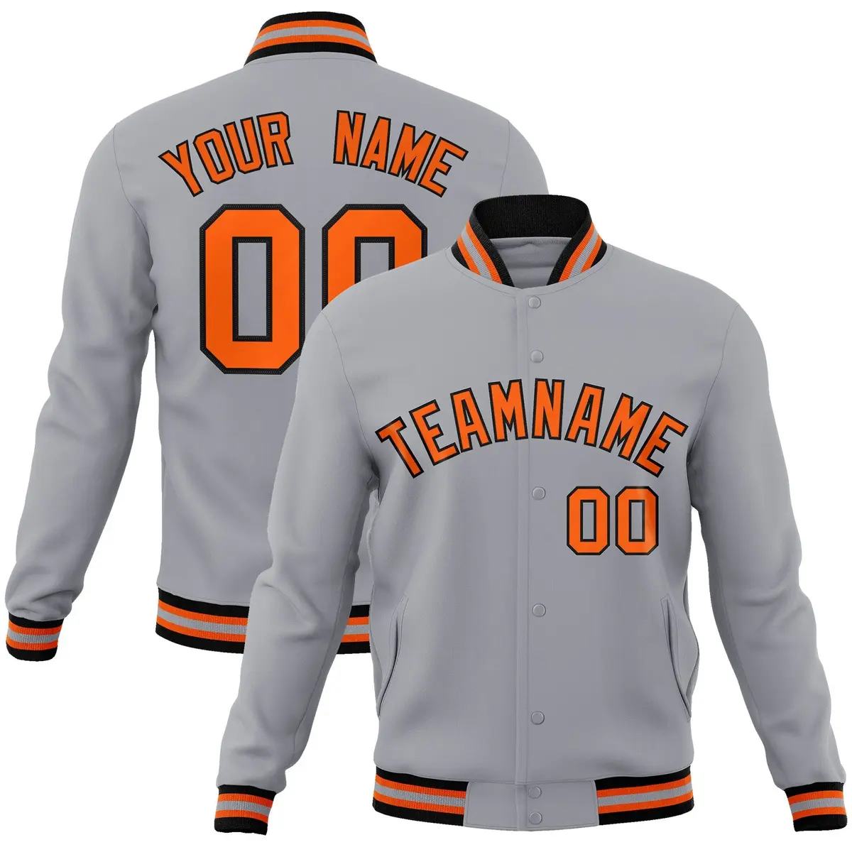 Gray Orange-Black Full-Snap Varsity Letterman Jacket