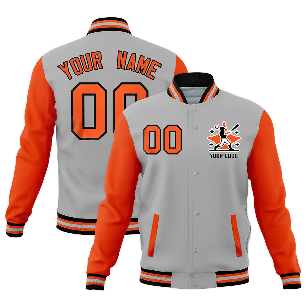 Gray Orange Black Raglan Sleeves Cotton Letterman Jacket