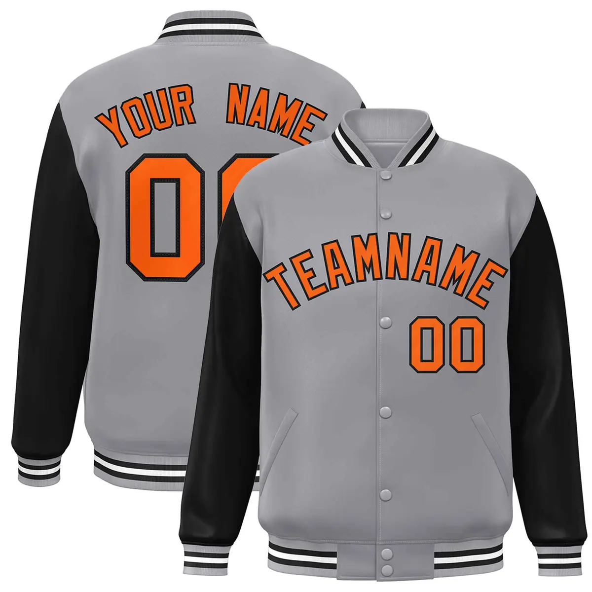 Gray Orange-Black Raglan Sleeves Varsity Full-Snap Letterman Jacket