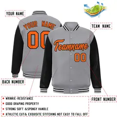Gray Orange-Black Raglan Sleeves Varsity Full-Snap Letterman Jacket 2