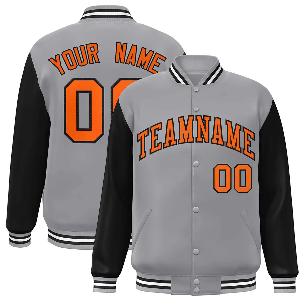Gray Orange-Black Raglan Sleeves Varsity Full-Snap Letterman Jacket