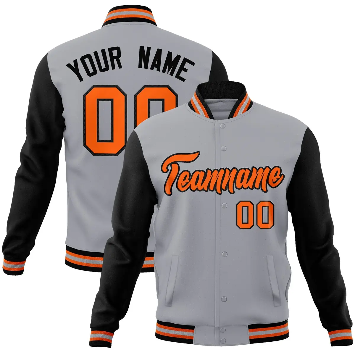 Gray Orange-Black Raglan Sleeves Varsity Full-Snap Letterman Jacket