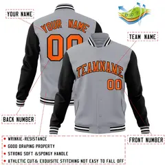 Gray Orange-Black Raglan Sleeves Varsity Full-Snap Letterman Jacket 4
