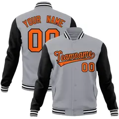 Gray Orange-Black Raglan Sleeves Varsity Full-Snap Letterman Jacket 1
