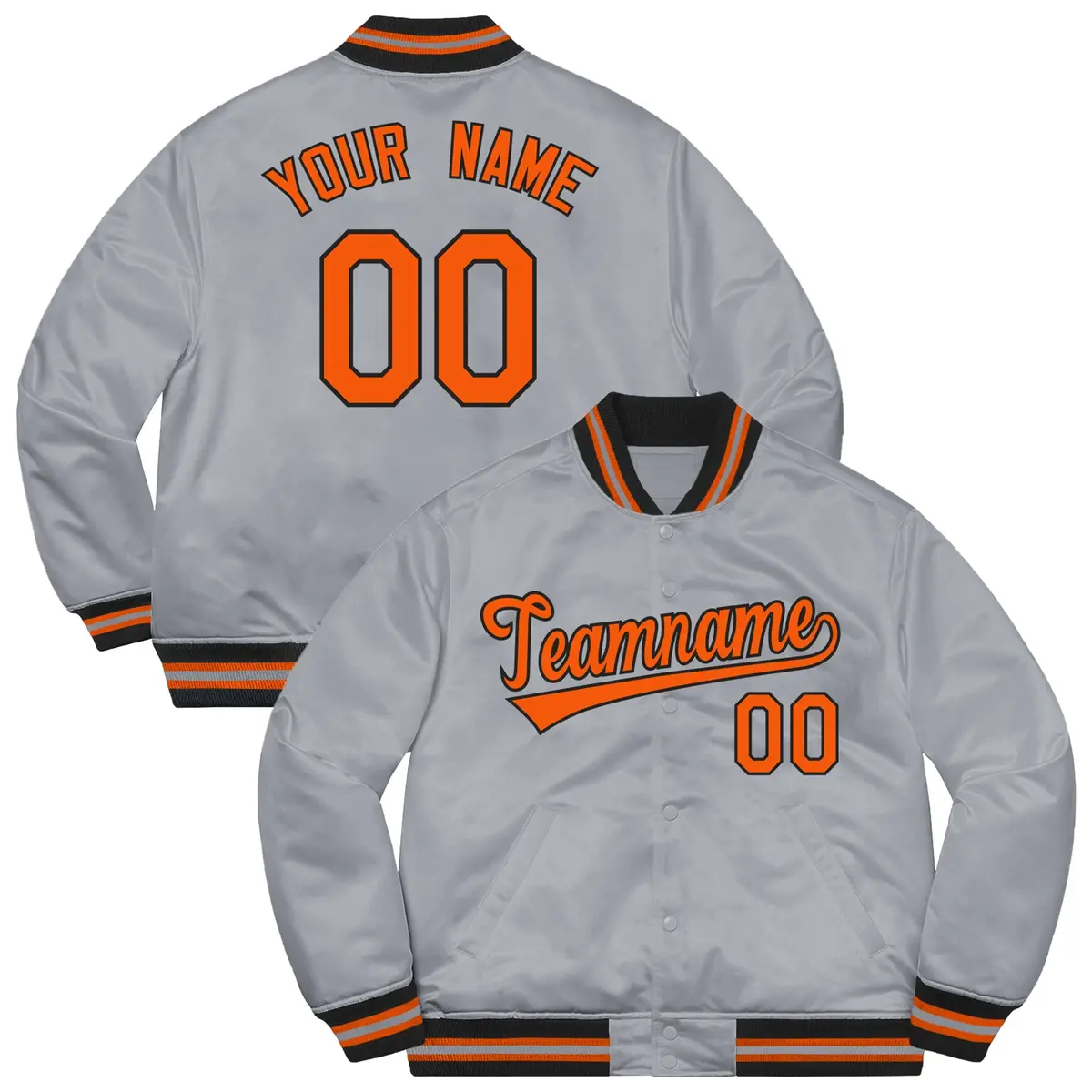 Gray Orange-Black Solid Varsity Full-Snap Letterman Jacket