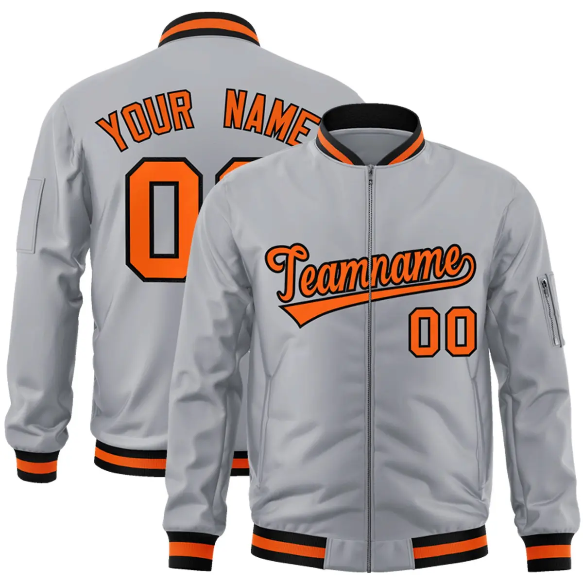 Gray Orange-Black Varsity Full-Zip Letterman Bomber Jacket