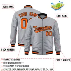 Gray Orange-Black Varsity Full-Zip Letterman Bomber Jacket 2