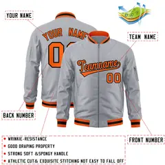 Gray Orange-Black Varsity Full-Zip Letterman Bomber Jacket 2