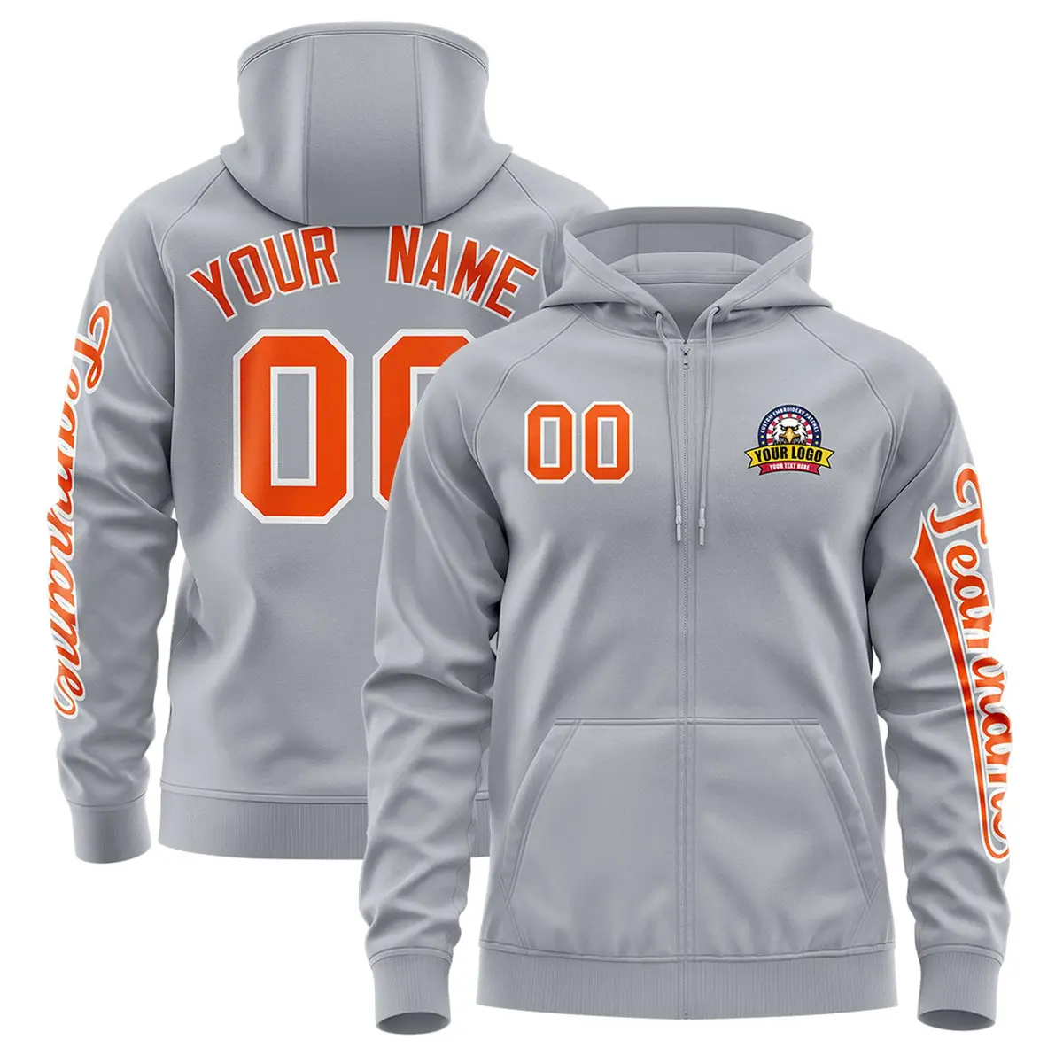 Gray Orange Classic Full-Zip Varsity Letterman Jacket Hoodie