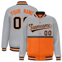 Gray Orange Color Block Varsity Full-Snap Letterman Jacket