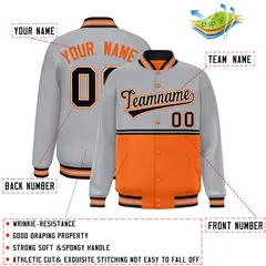 Gray Orange Color Block Varsity Full-Snap Letterman Jacket 2