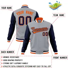 Gray Orange-Navy Varsity Raglan Full-Snap Letterman Jacket 4