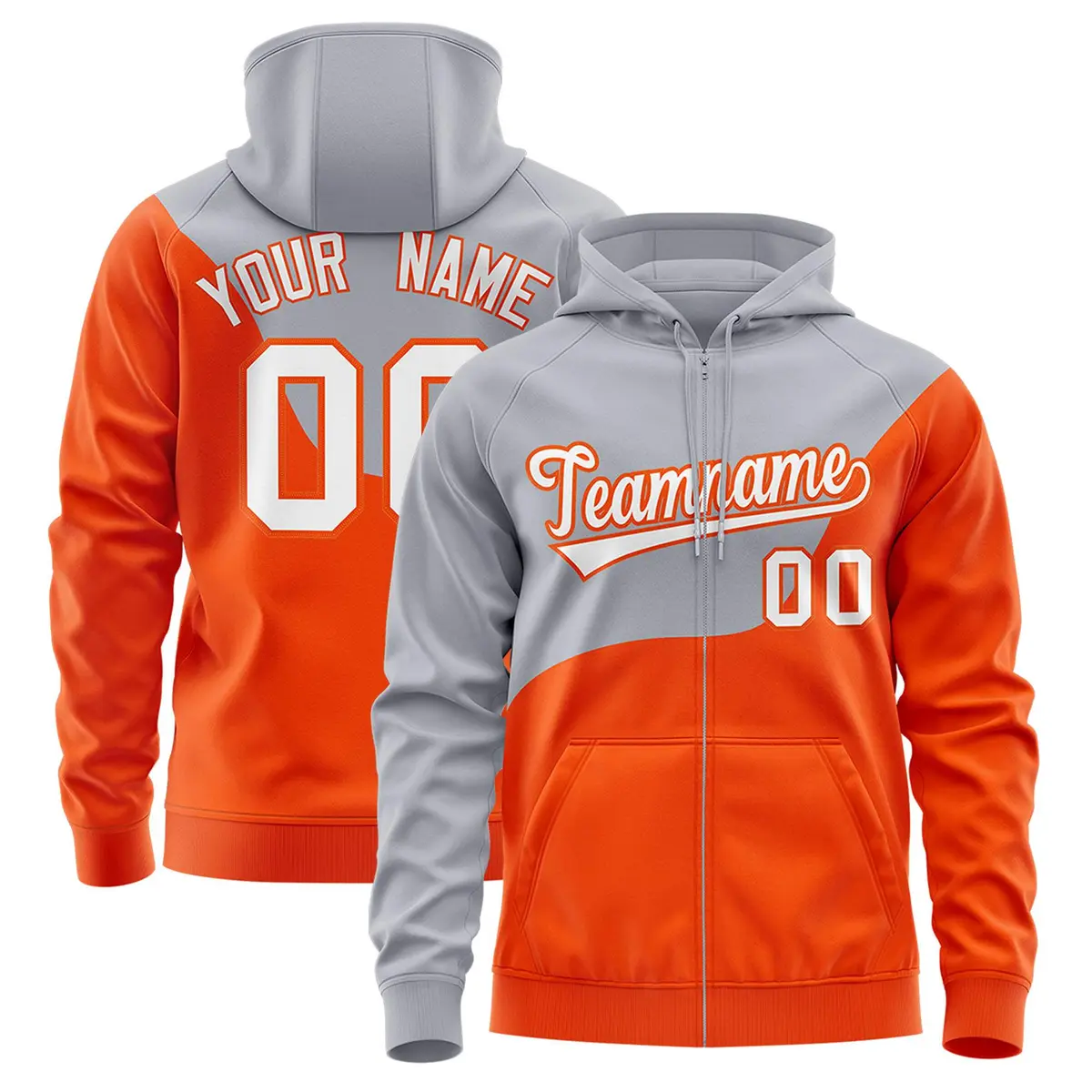 Gray Orange Wave Color Block Varsity Full-Zip Letterman Hoodie