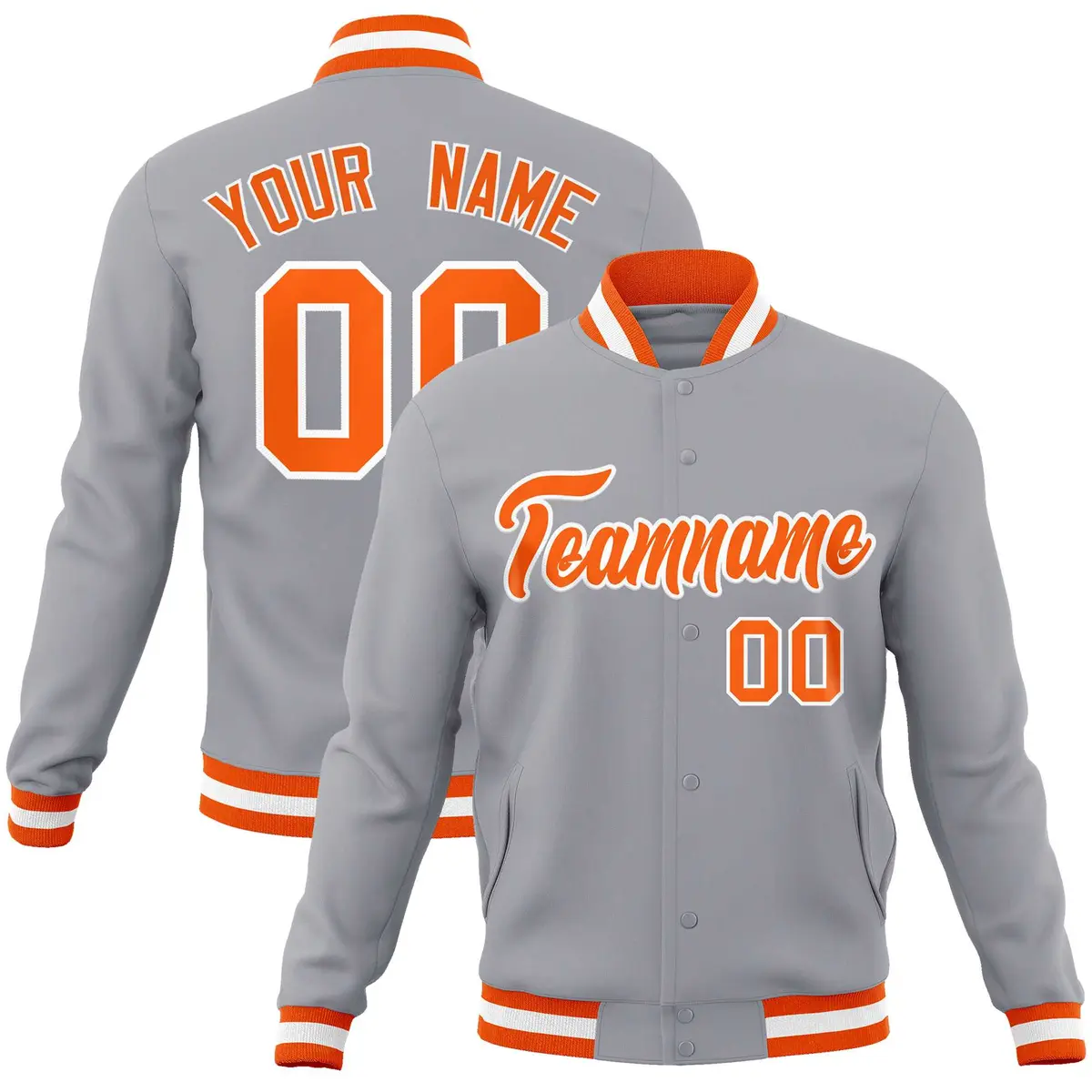 Gray Orange-White Classic Varsity Full-Snap Letterman Jacket