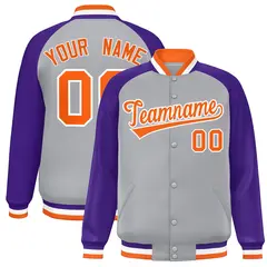 Gray Orange-White Raglan Varsity Letterman Full-Snap Jacket