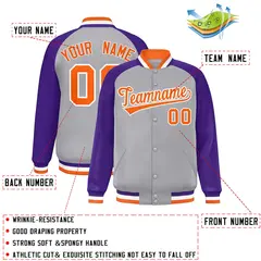 Gray Orange-White Raglan Varsity Letterman Full-Snap Jacket 2