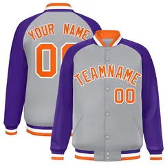 Gray Orange-White Raglan Varsity Letterman Full-Snap Jacket