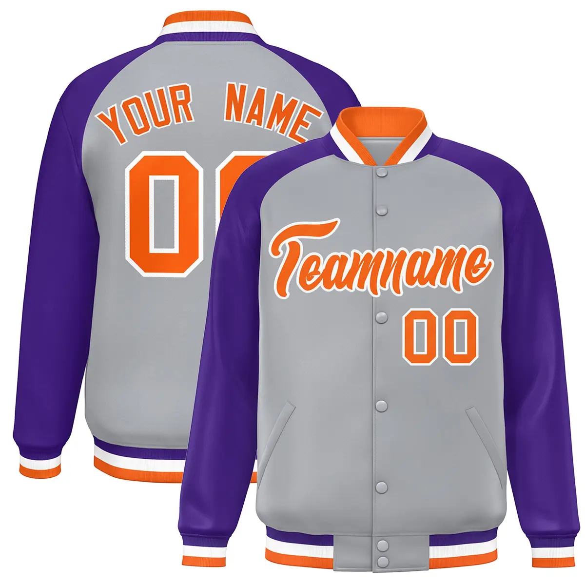 Gray Orange-White Raglan Varsity Letterman Full-Snap Jacket