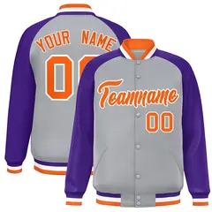 Gray Orange-White Raglan Varsity Letterman Full-Snap Jacket