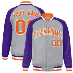 Gray Orange-White Raglan Varsity Letterman Full-Snap Jacket