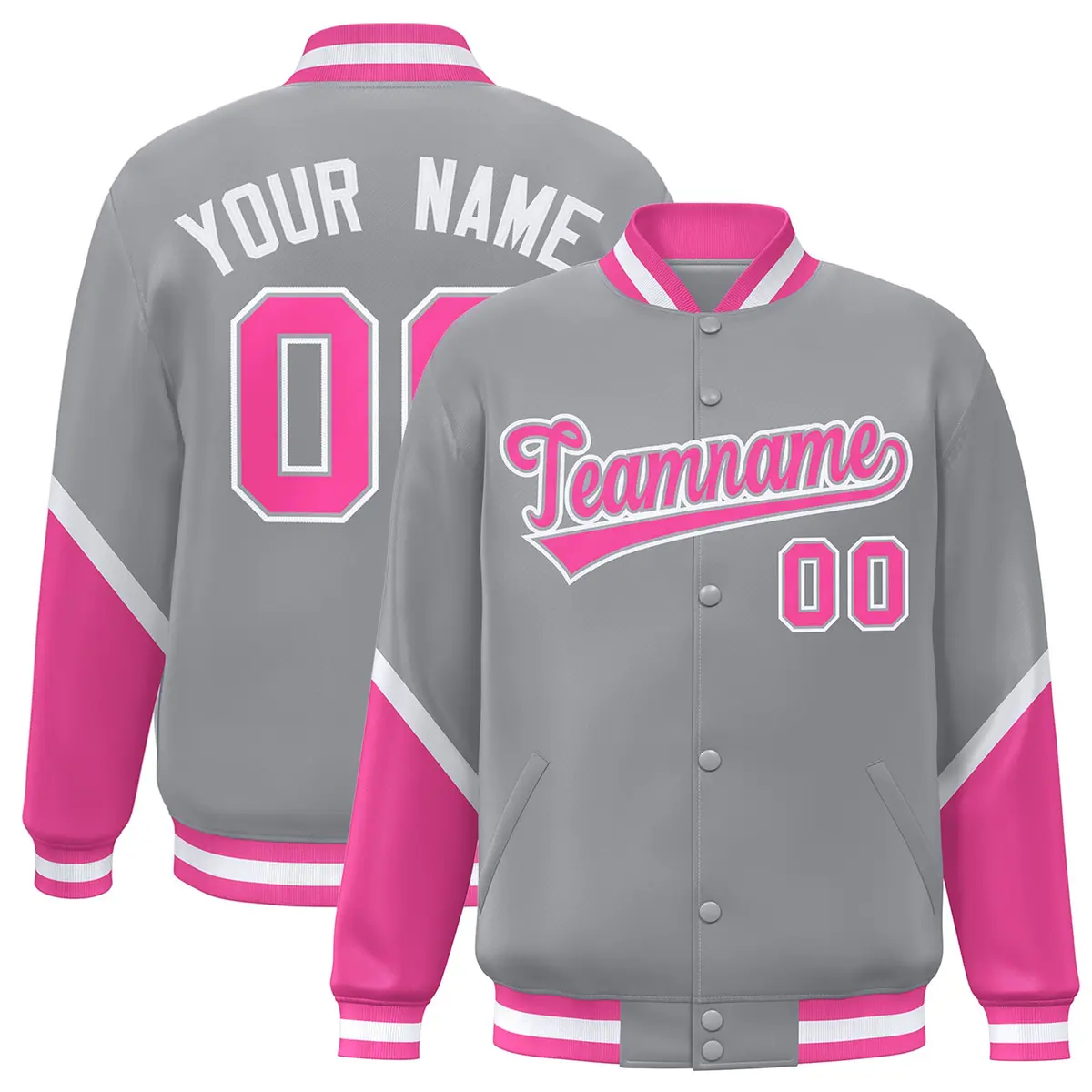 Gray Pink Color Block Full-Snap Varsity Letterman Baseball Jacket