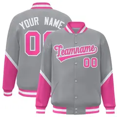 Gray Pink Color Block Full-Snap Varsity Letterman Baseball Jacket 1